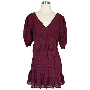 LOVESHACKFANCY Lena Dress Short Puff Sleeves Burgundy Floral Bow V-Neck Medium